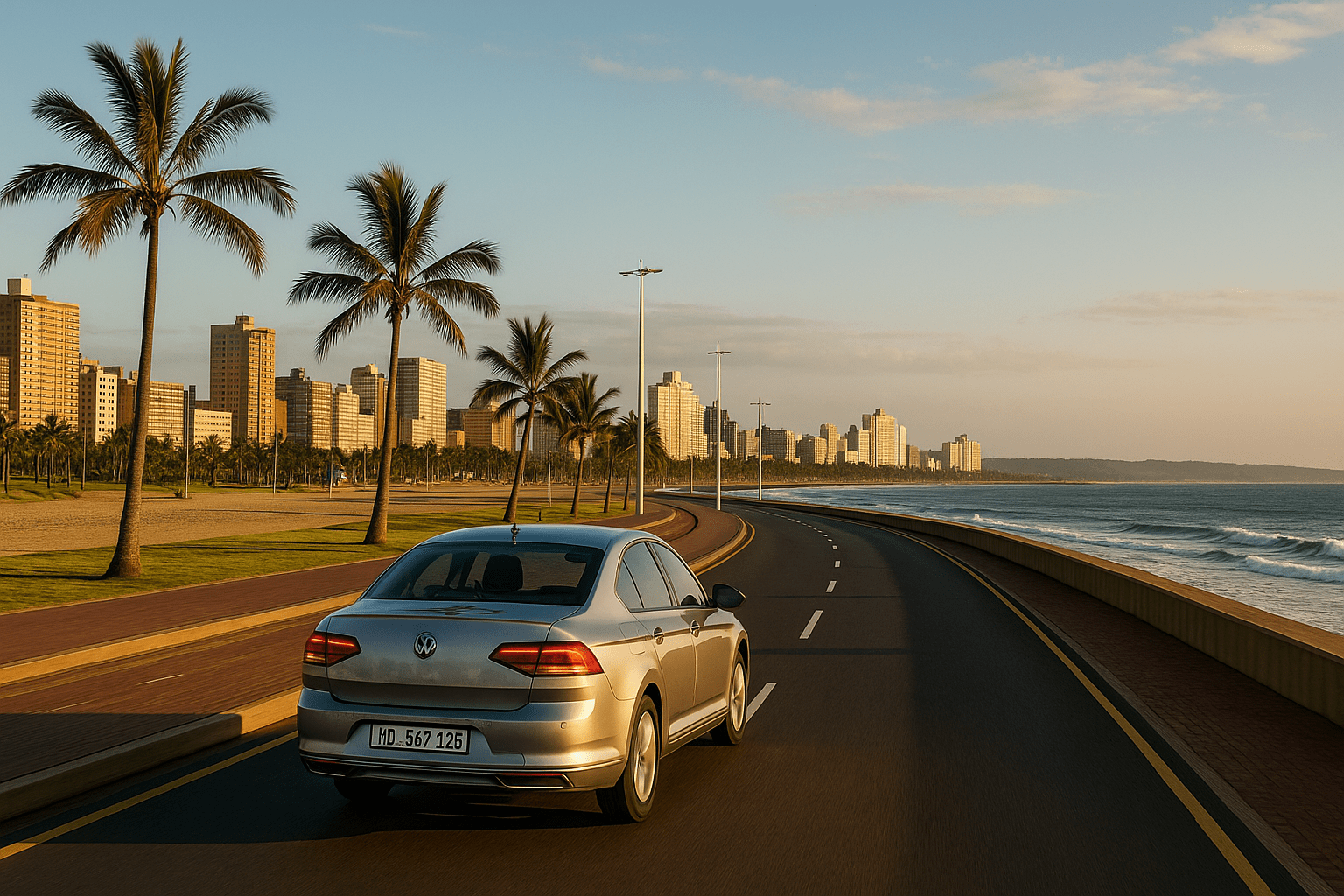 A scenic photo of a car driving along the Golden Mile in Durban or a coastal road in KwaZulu-Natal