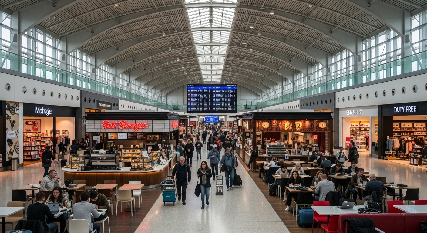  wide-angle photo of the main food court or a bustling retail area inside the airport terminal