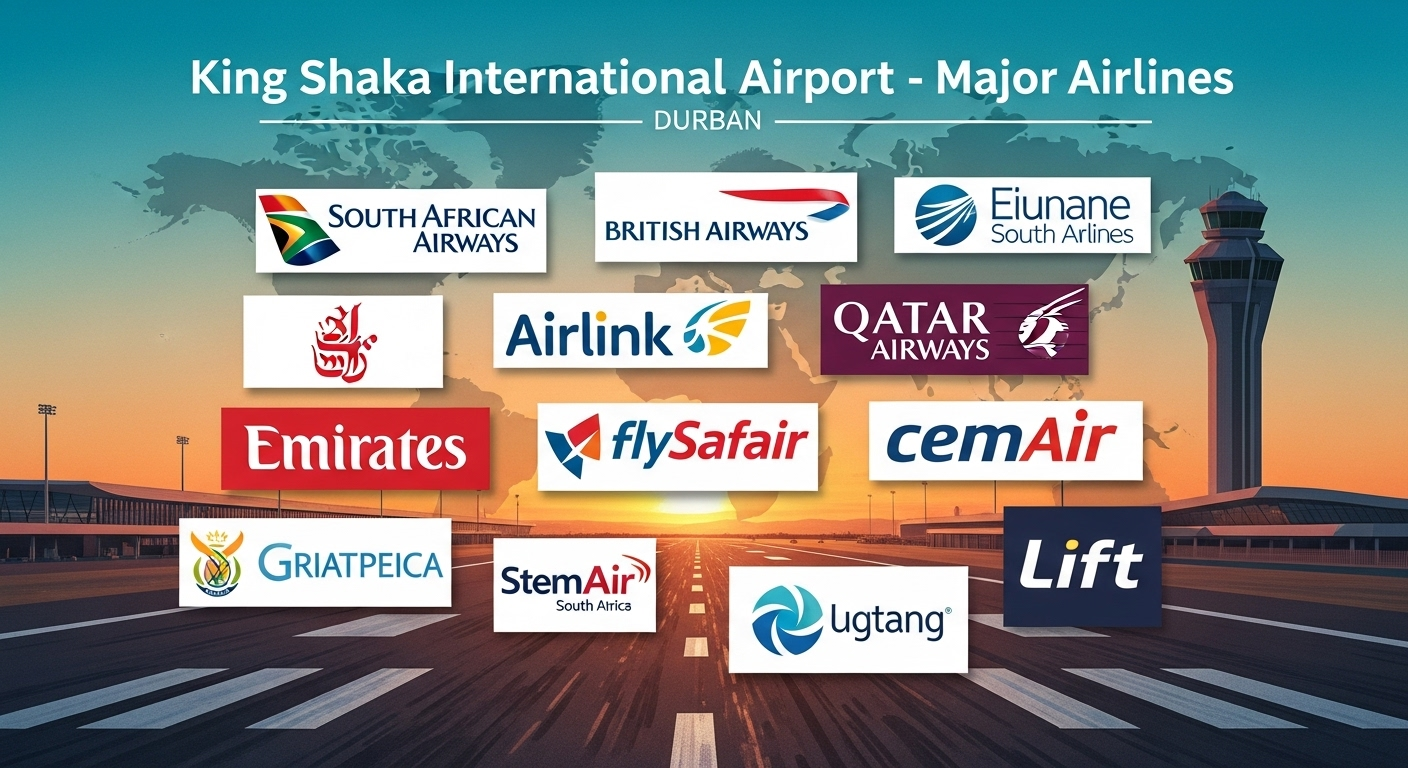 collage showing the logos of the main airlines that fly from King Shaka International Airport